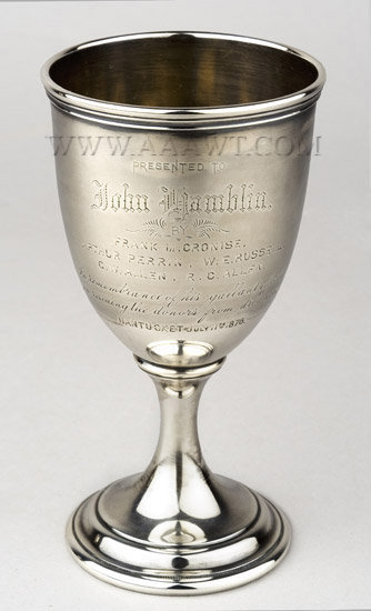 Sterling Silver Goblet, Lifesaving, Nantucket
By Gorham
Presented for Life Saving, entire view